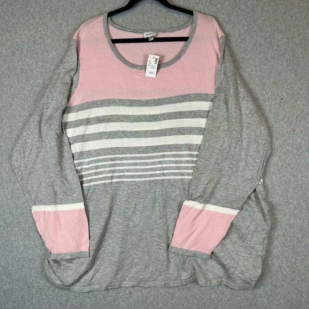 Avenue Women’s Size 26 Striped Long Sleeve Ruched Blouse Pink Grey Shirt NWT